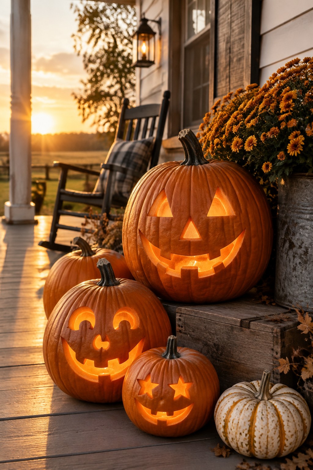 Glowing jack-o'-lanterns on rustic porch with rocking chair and chrysanthemums at sunset