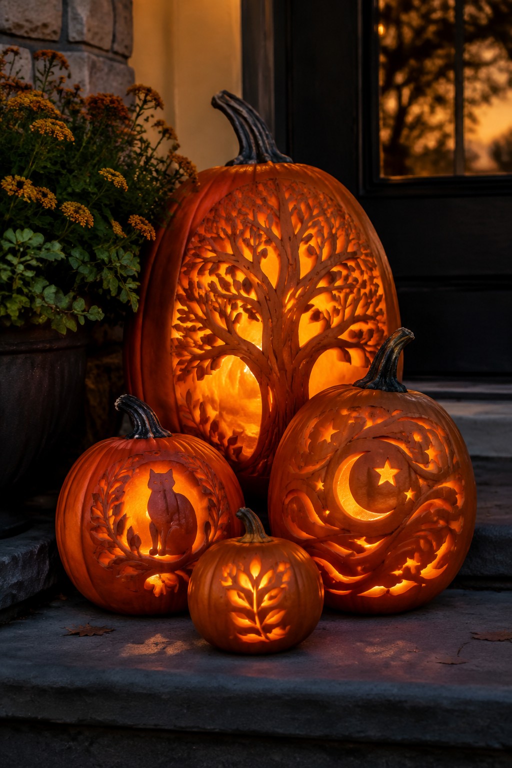 Four carved and lit jack o' lanterns with tree, cat, moon, and leaf designs arranged on stone steps in front of a house door.