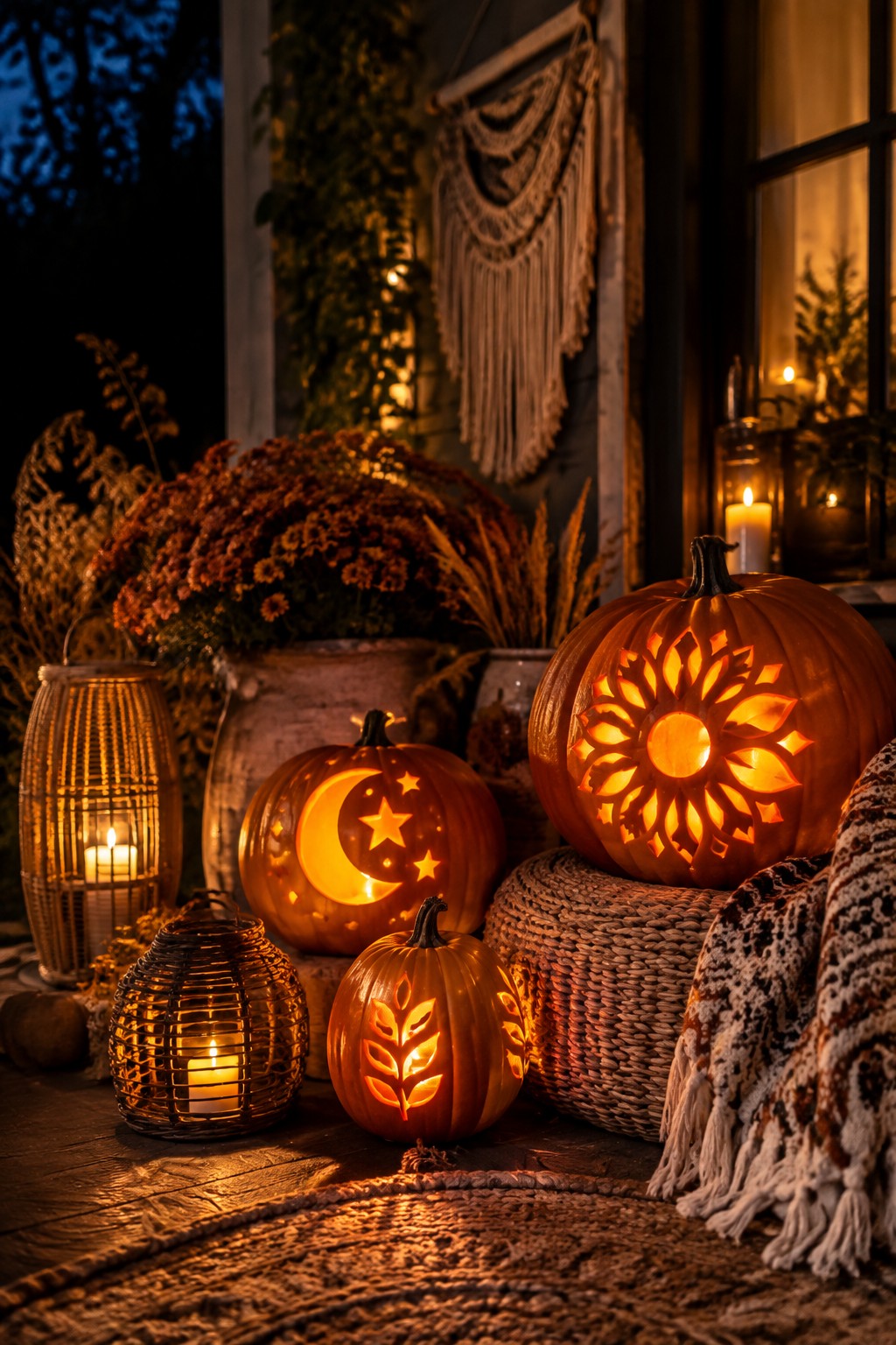 Glowing carved pumpkins with moon, sunflower, and leaf designs beside autumn lanterns and flowers.