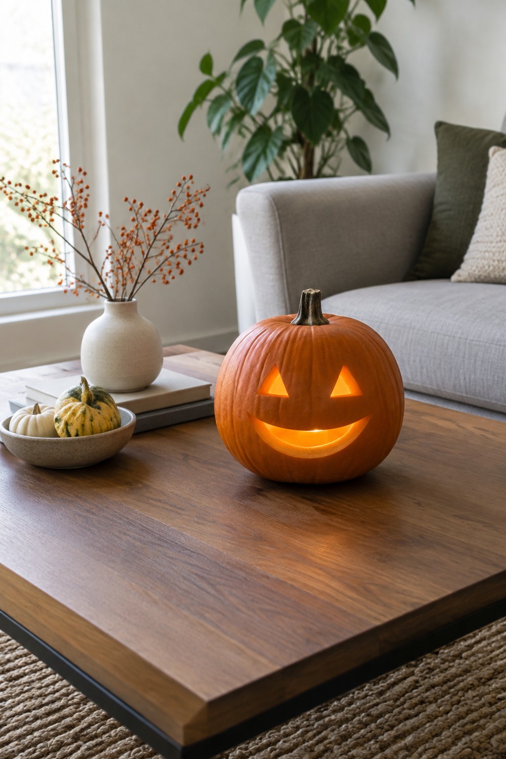 A glowing carved jack o lantern sits on a wooden coffee table with a bowl of small pumpkins and a vase of orange branches nearby.