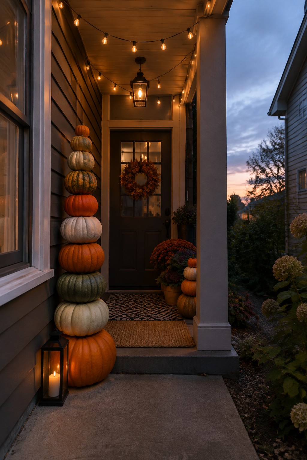 Tall stack of multicolored pumpkins beside a front door on a porch, with a lantern at the base and string lights overhead.