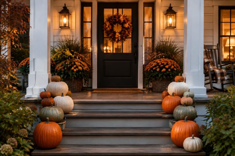 18 Creative Stacked Pumpkin Decorating Ideas for Your Porch Stacked pumpkins of various colors and sizes sit on the wooden steps of a front porch beside orange mums.