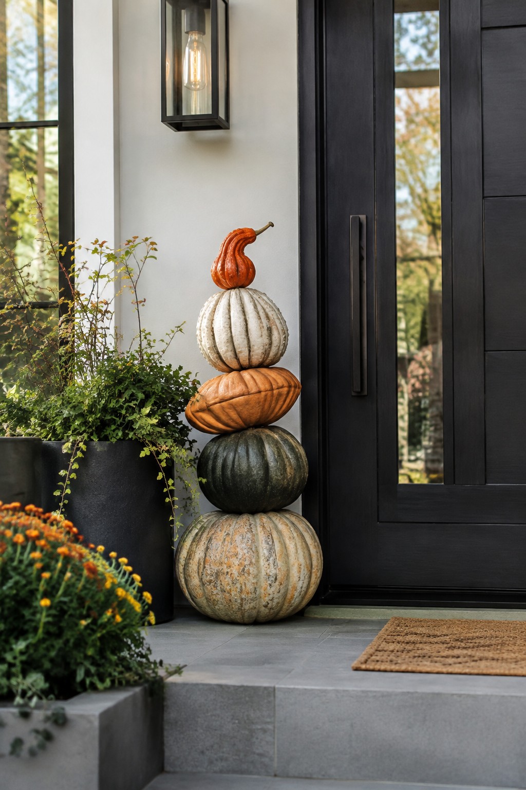 Tall stack of five pumpkins in different colors and shapes placed beside a black front door on a stone porch.