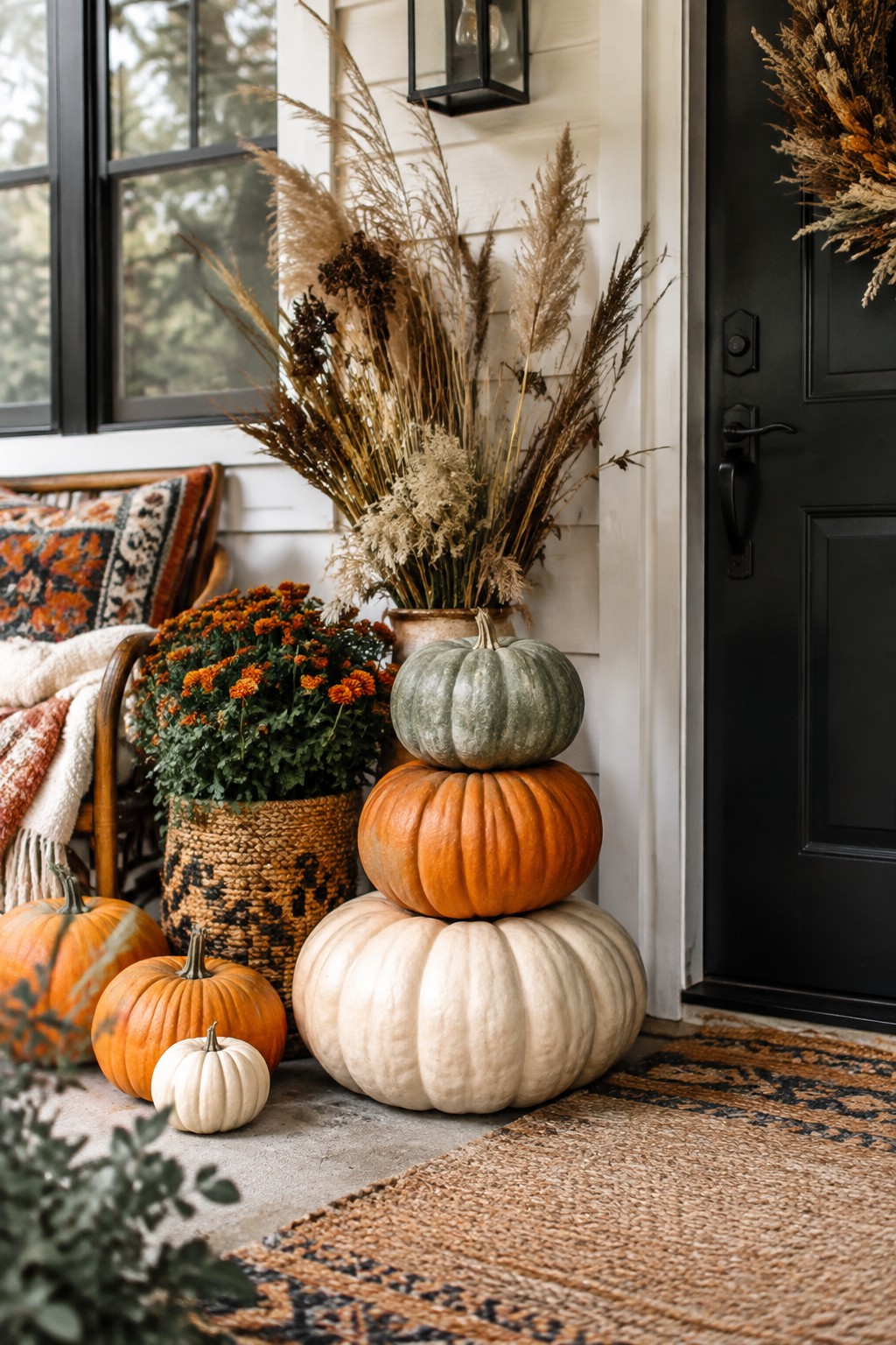Front porch with a stack of three pumpkins in white, orange, and green beside a black door, surrounded by smaller pumpkins and dried grasses.