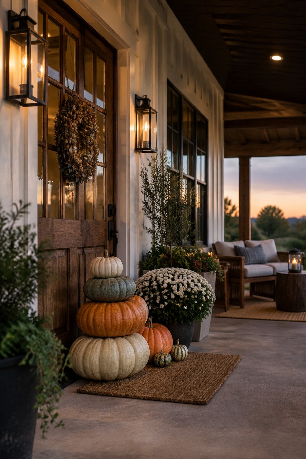 Stacked pumpkins, autumn wreath, and glowing lanterns on a rustic farmhouse porch at dusk