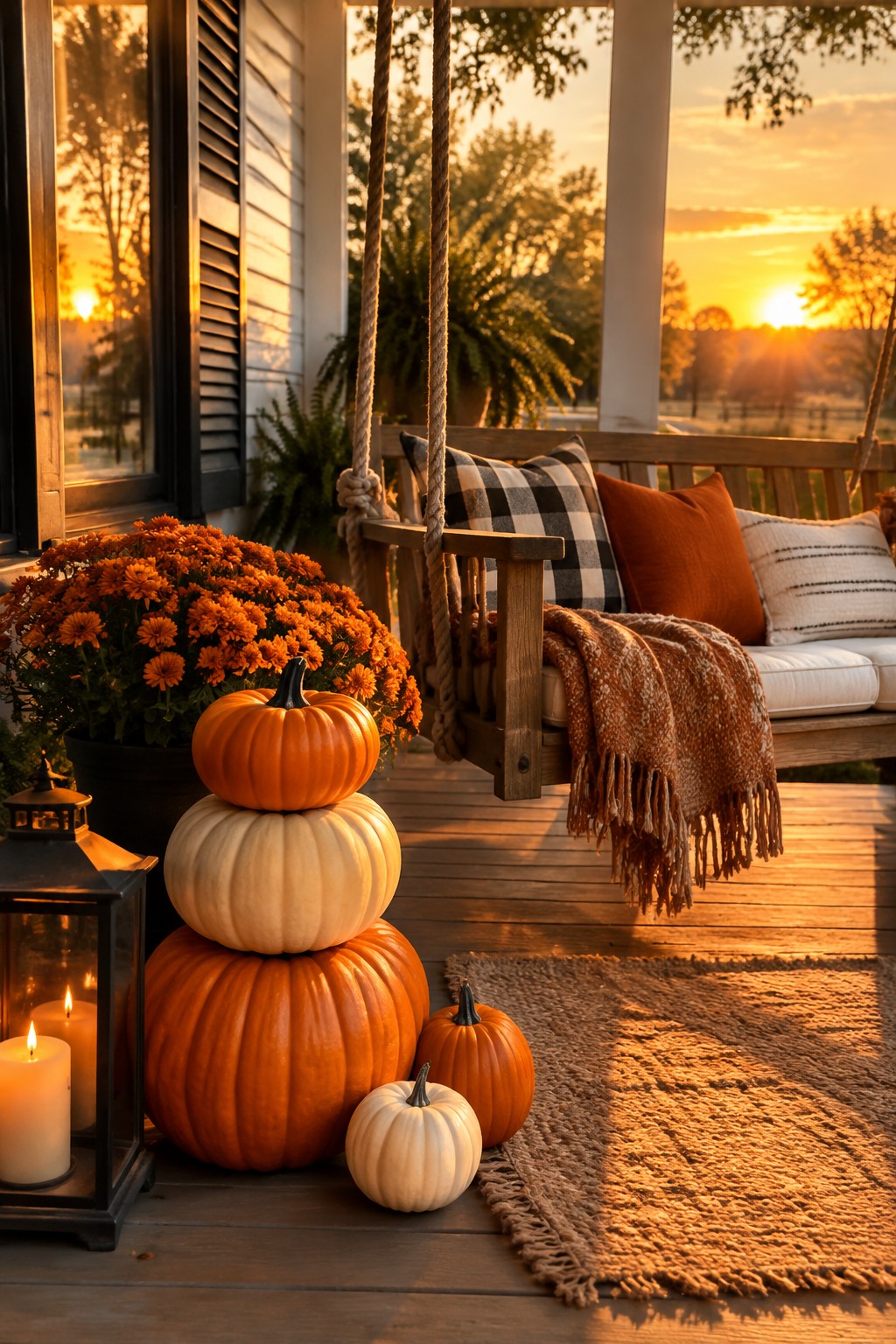Front porch with a tall stack of orange and white pumpkins beside a wooden swing, a lit lantern, and a woven rug.