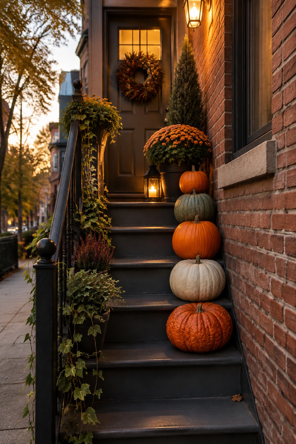 Porch steps lined with stacked pumpkins in orange, white, and green next to a brick wall and dark front door.
