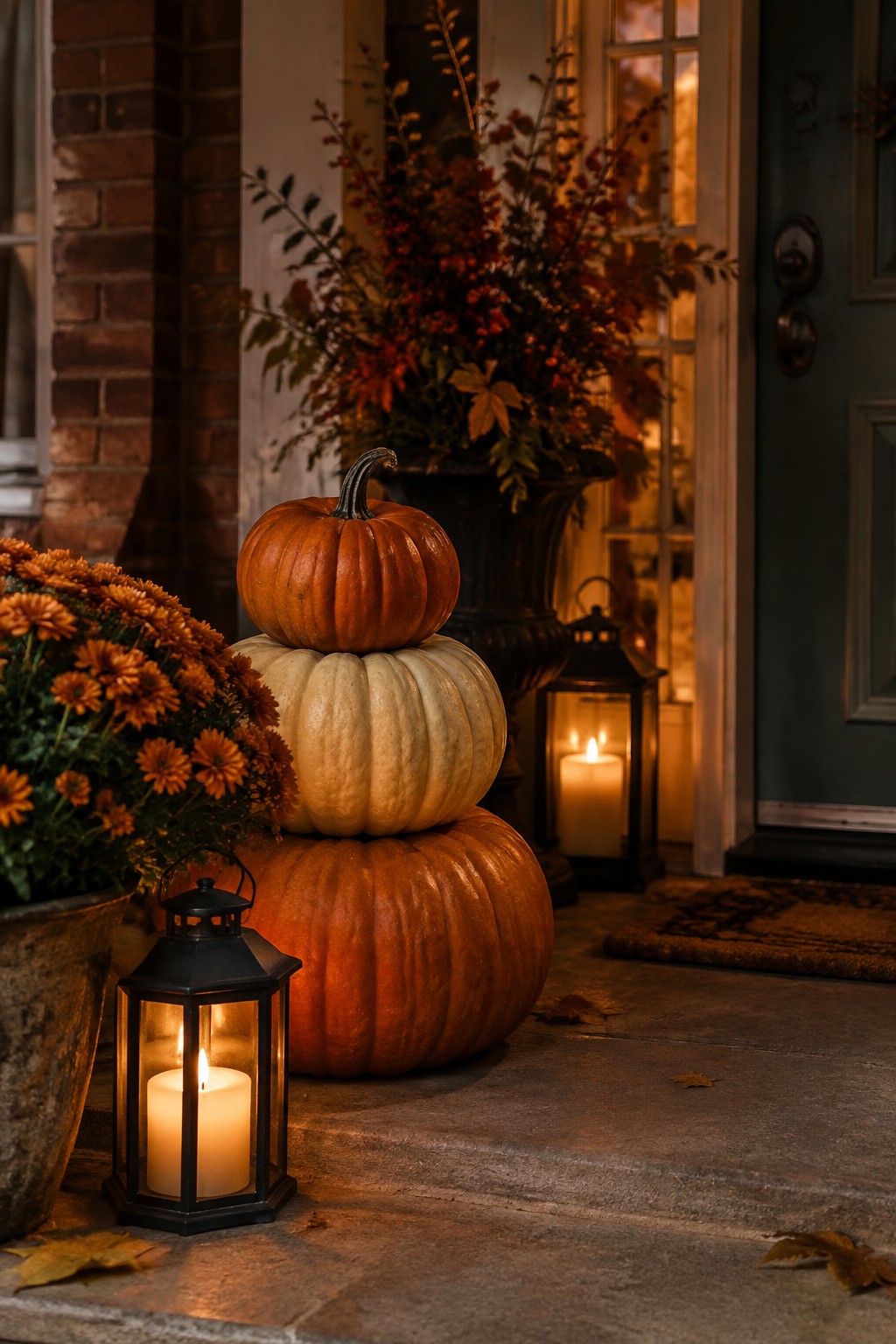 Front porch with a tall stack of three pumpkins in orange and white next to glowing lanterns and autumn flowers.