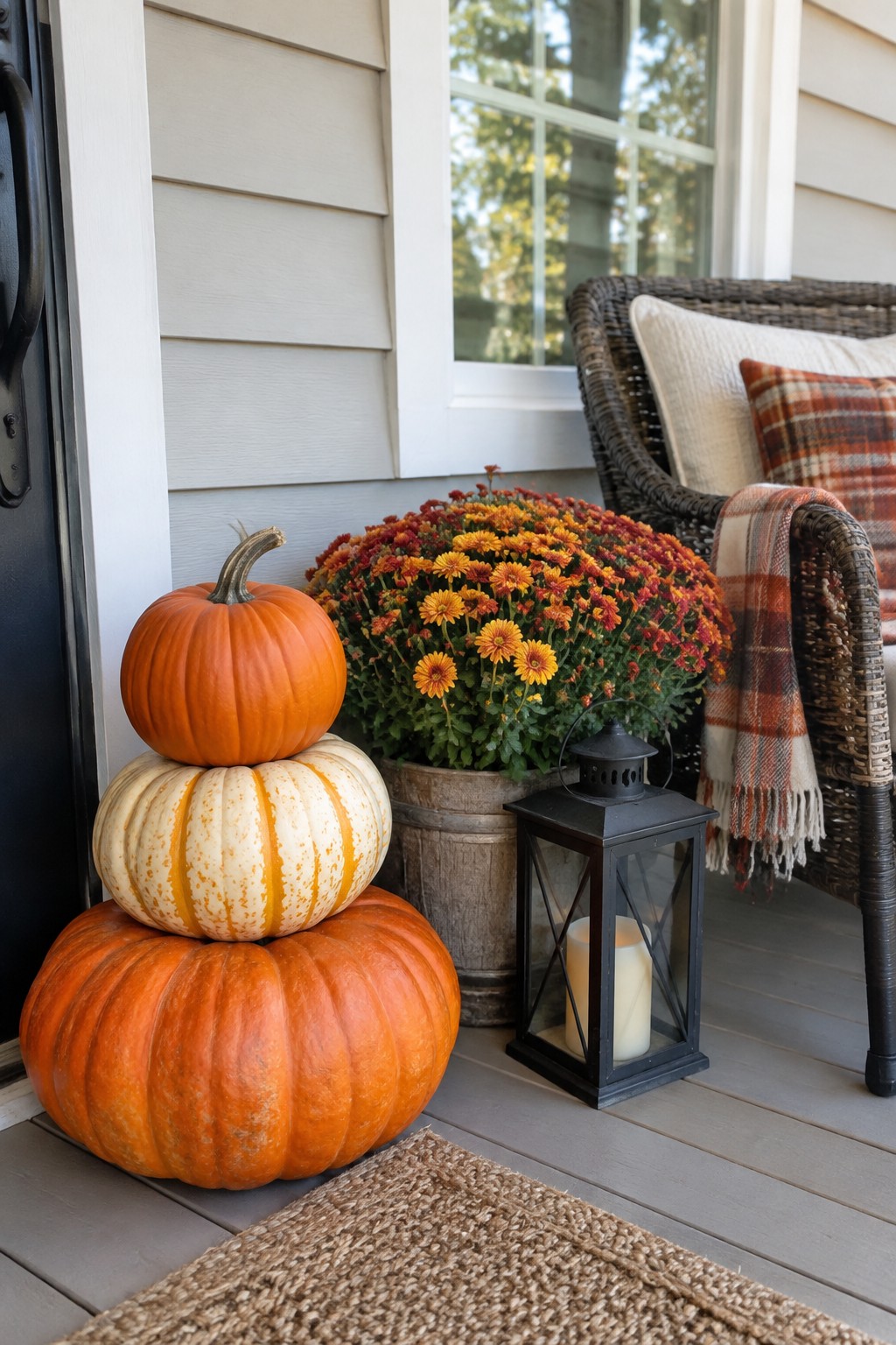 Stacked pumpkins, autumn mums, lantern and wicker chair on porch