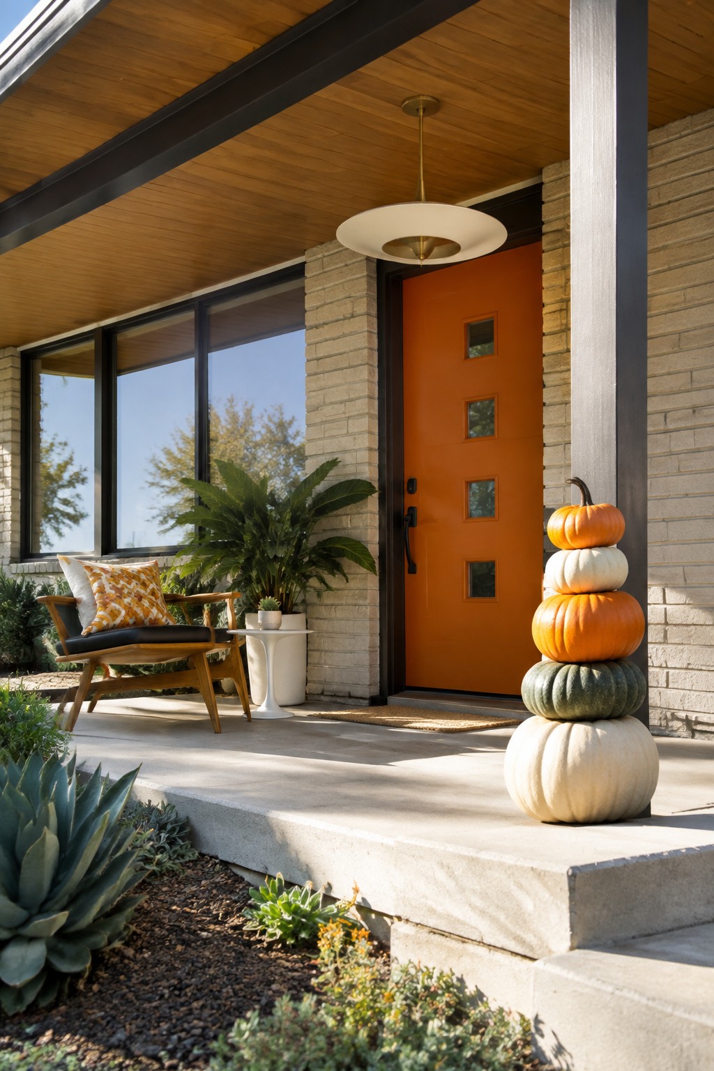 Modern porch with orange door, stacked pumpkins, wooden chair, and lush plants.