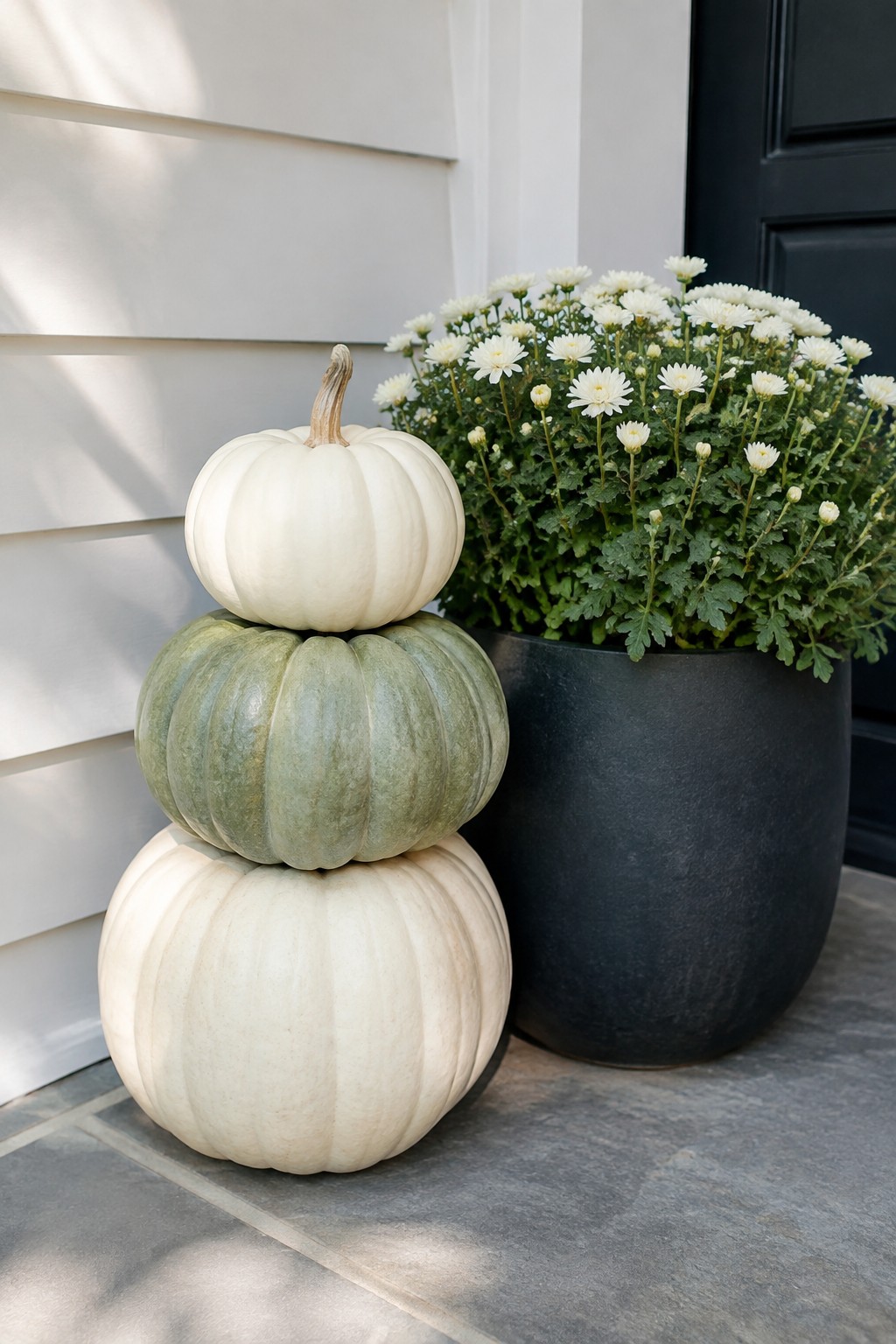 Three stacked pumpkins in white and green tones sit on a stone porch next to a black planter with white flowers.