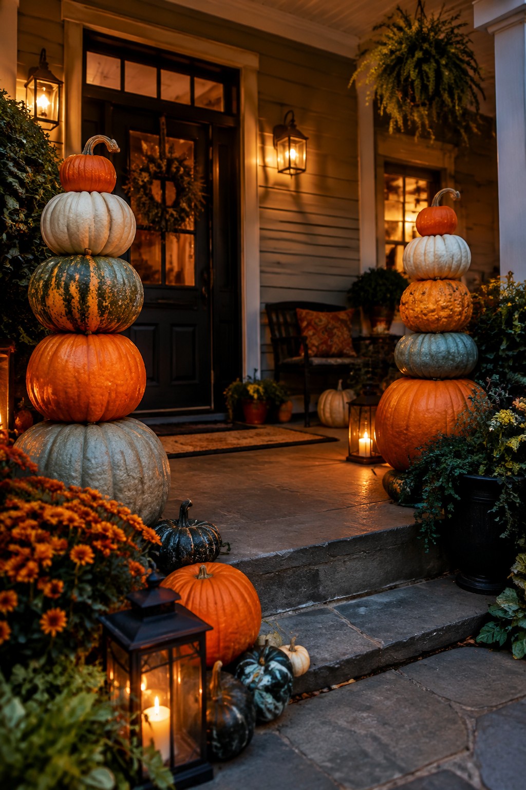 Front porch with several tall towers of stacked pumpkins in orange, white, and green beside the door and steps.