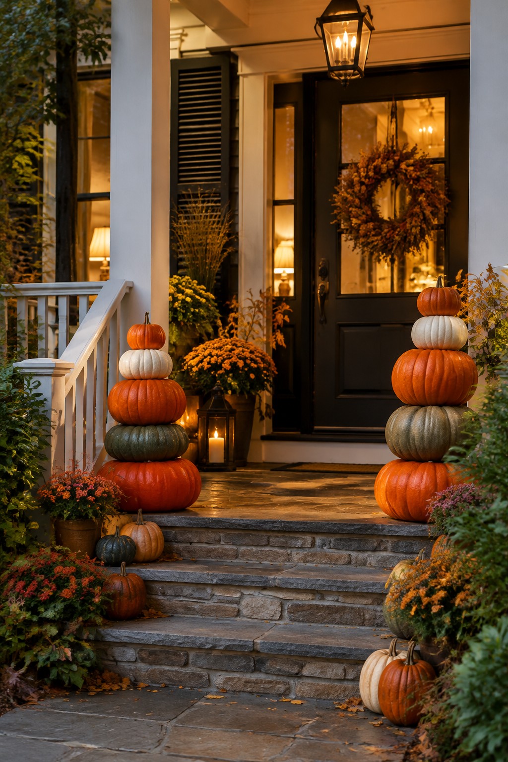 Stone steps lined with stacked pumpkins, mums, and lanterns at a black door with wreath.