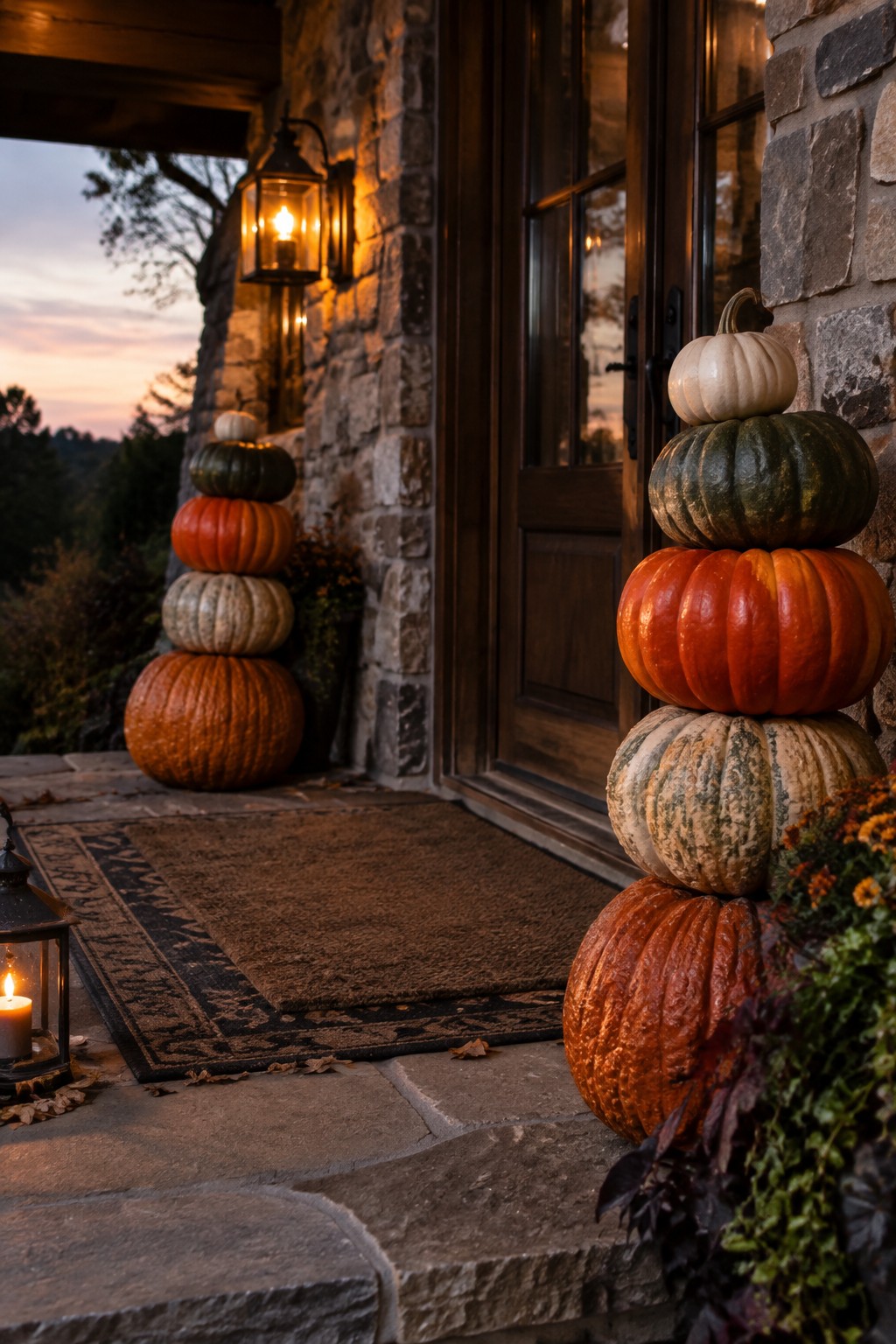 Stacked colorful pumpkins flank wooden door on stone porch with glowing lanterns at dusk