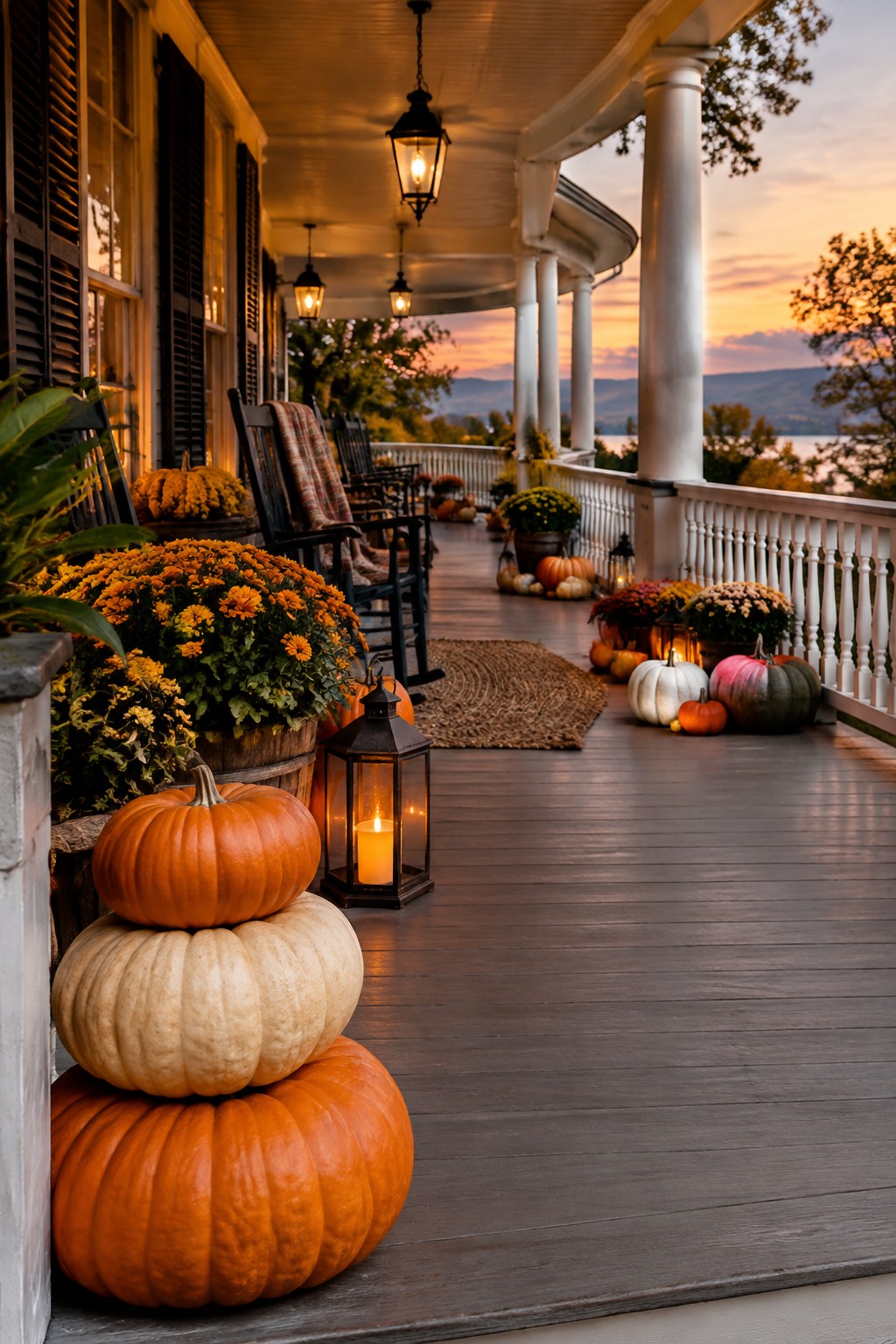 Three stacked pumpkins in orange and white sit on a wooden front porch next to a lit black lantern.