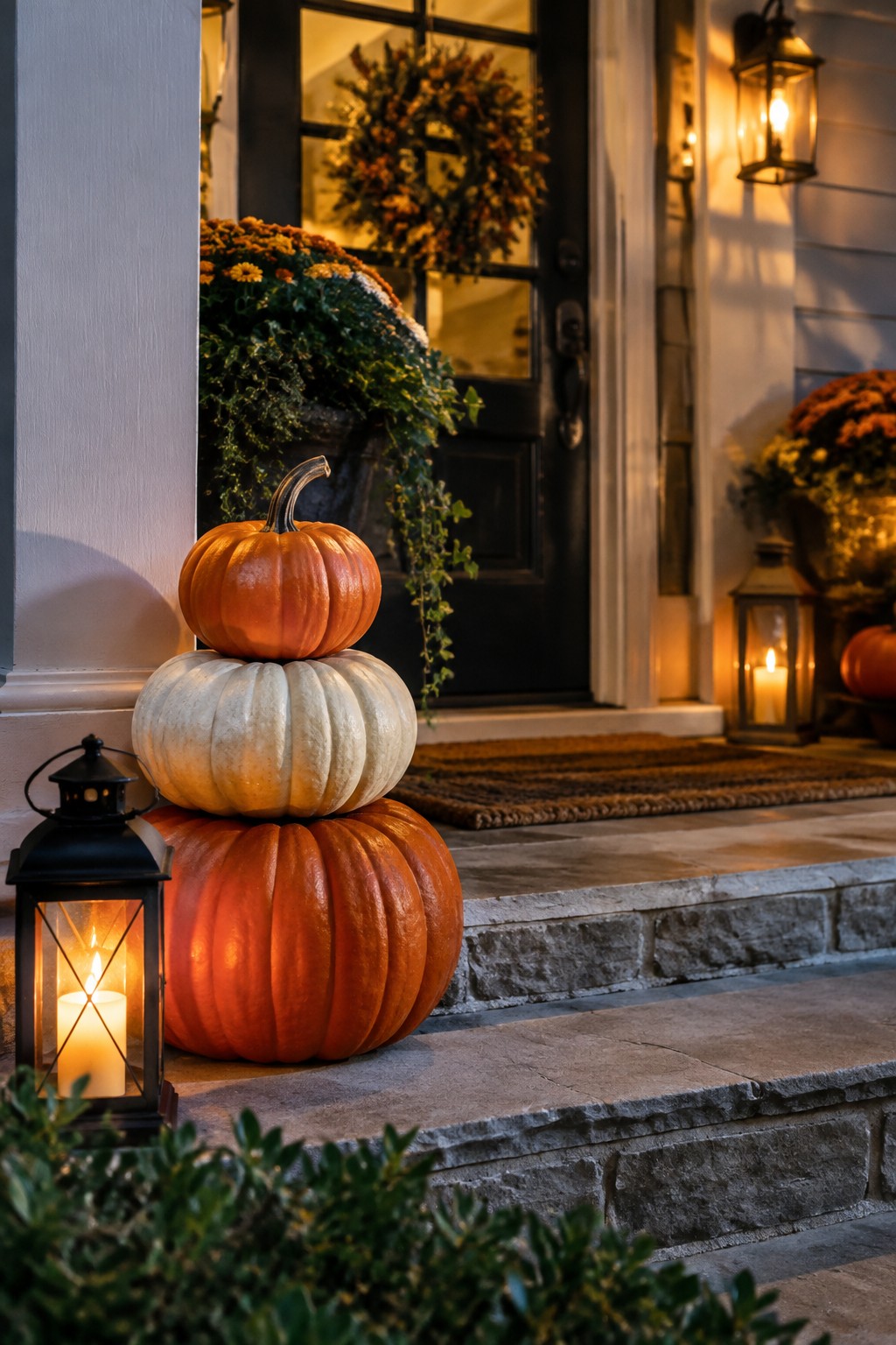 Stacked orange and white pumpkins with lit lanterns on autumn porch steps