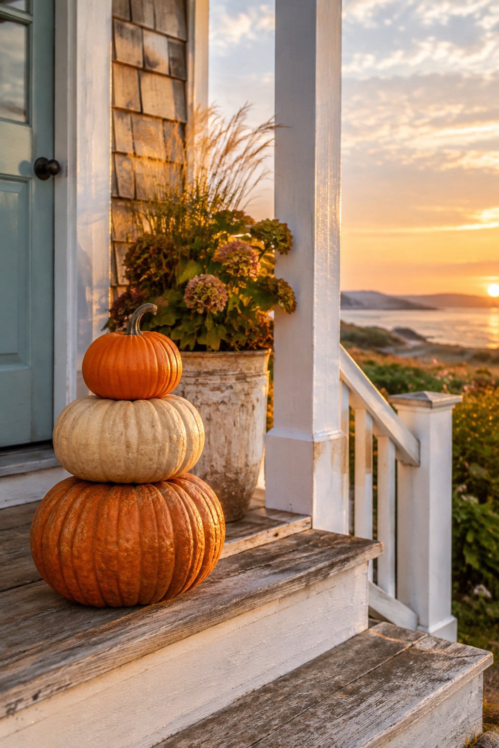 Three pumpkins stacked on the steps of a white wooden porch next to a potted plant.