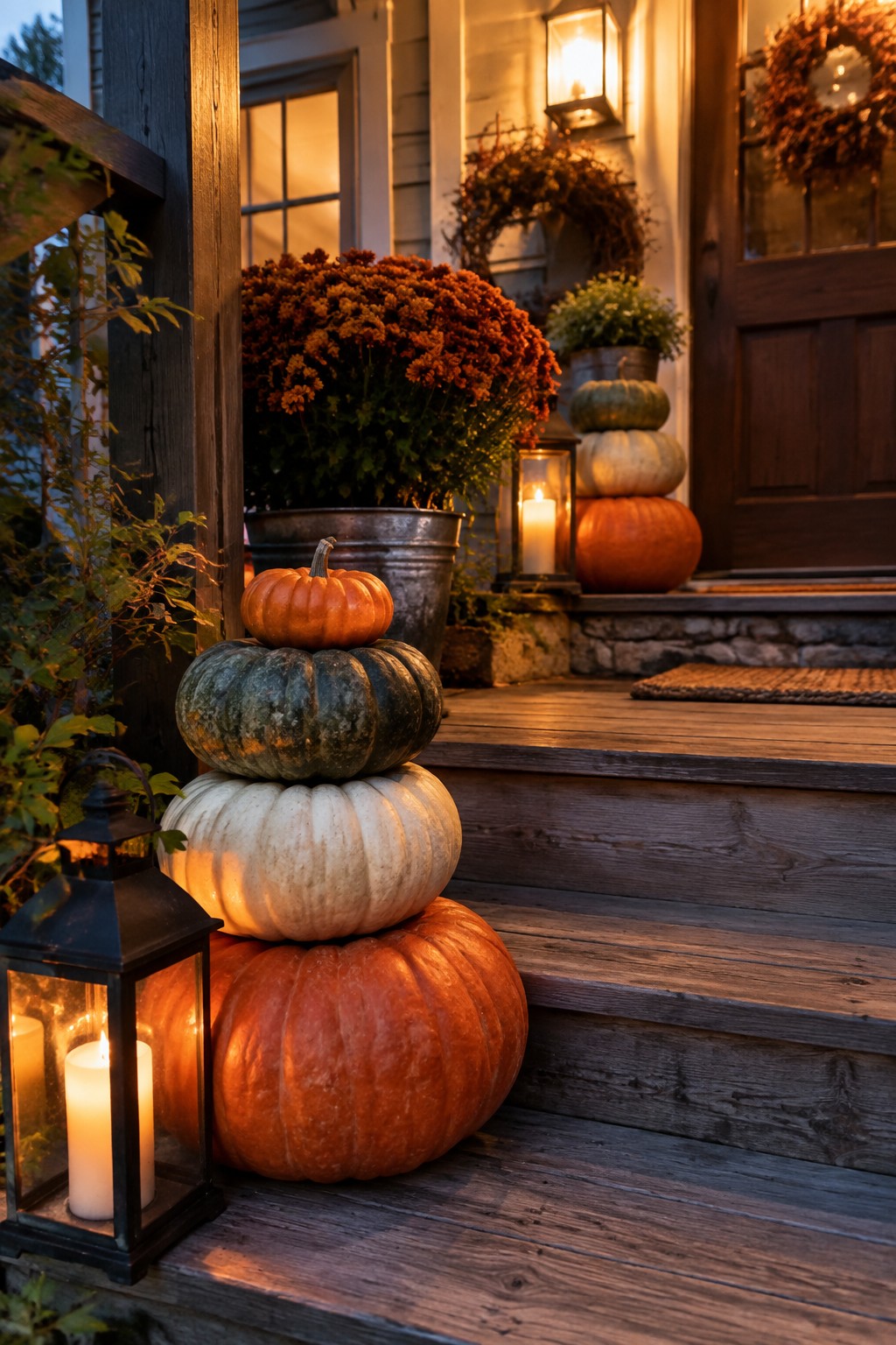 Front porch steps lined with stacked pumpkins in orange, white, and green next to black lanterns with lit candles.