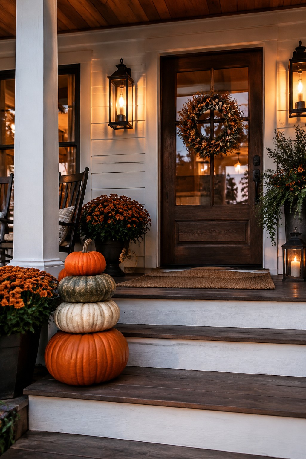Stacked pumpkins of various colors and sizes sit on the wooden steps of a front porch beside orange mums.