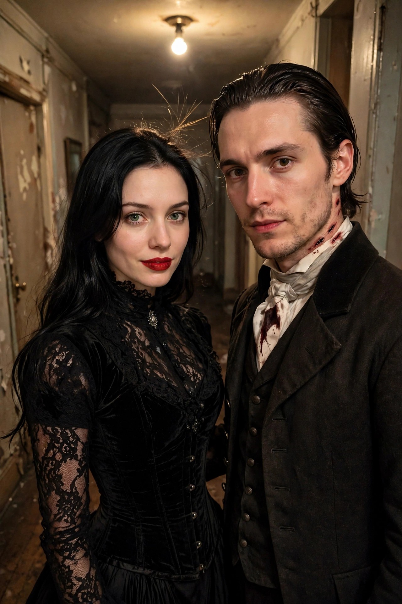 Couple in Victorian style clothing, woman in black velvet corset and lace dress with red lipstick, man with bloodied neck wound and stained cravat.