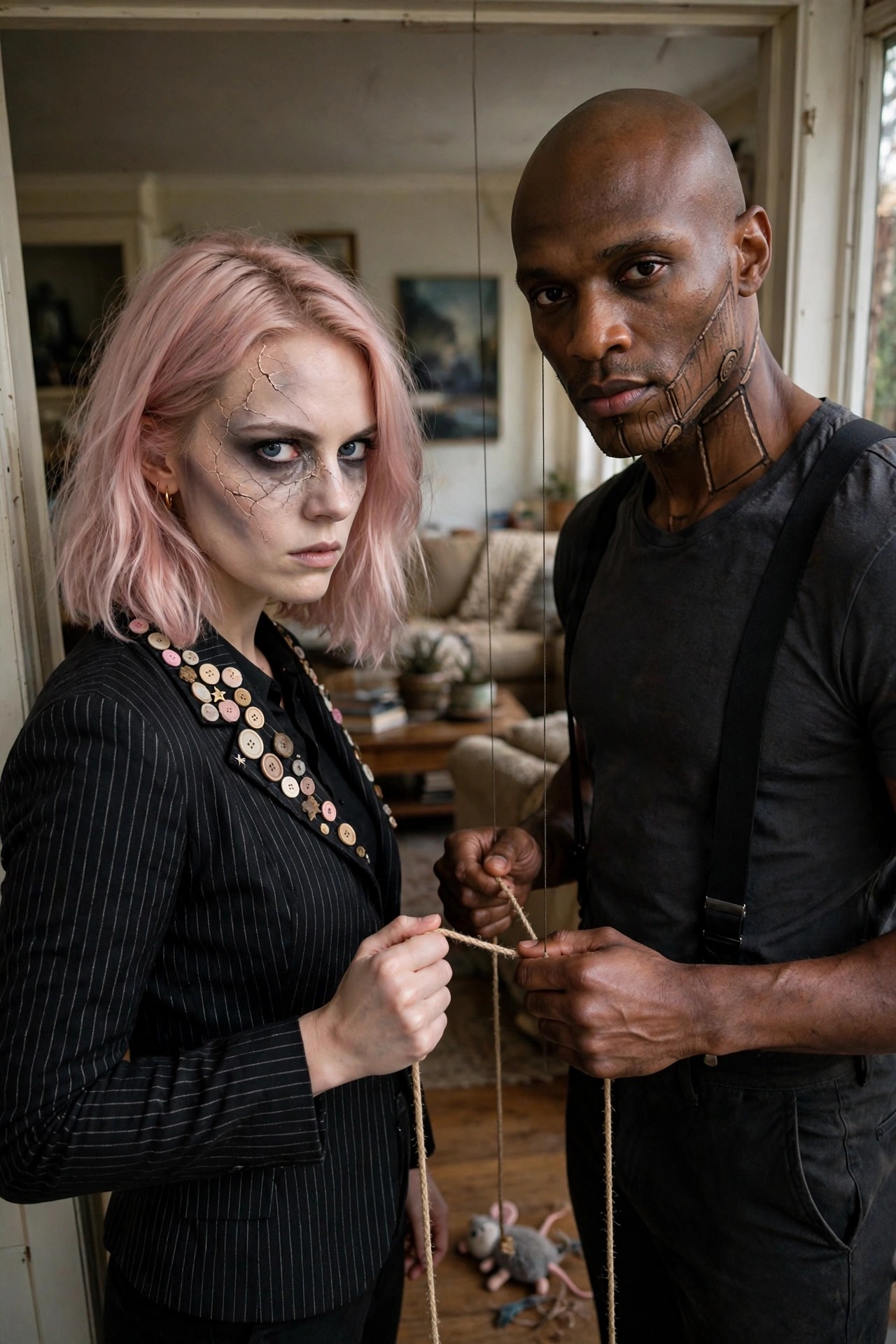 Woman with pink bob and cracked doll face paint beside bald man with mechanical face lines, both holding puppet strings in a couples Halloween costume.