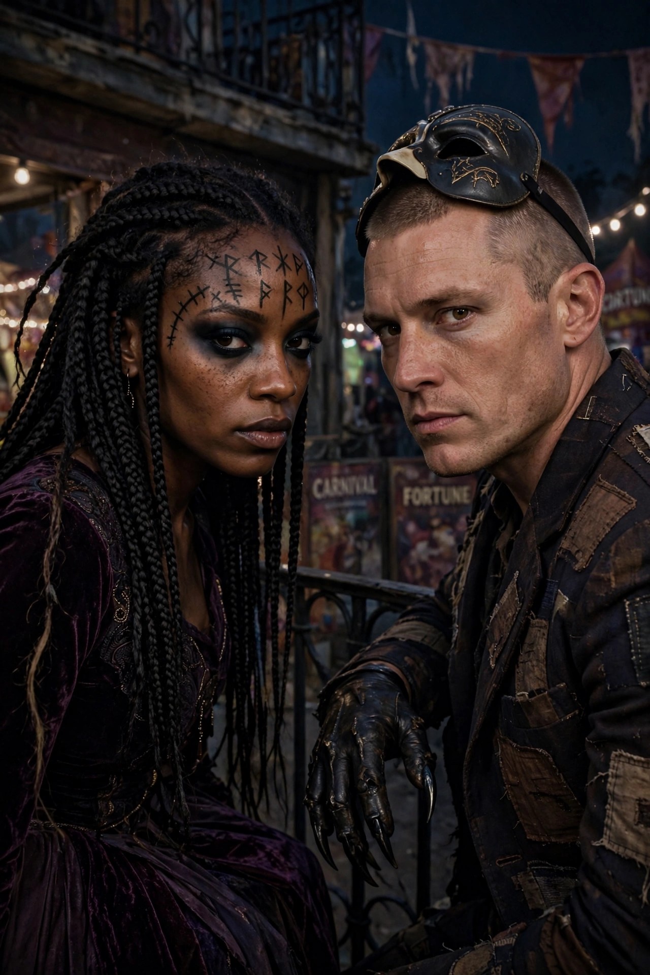 Woman in purple velvet dress with rune face paint and long braids stands beside man in patchwork coat wearing bird mask and clawed glove at carnival setting.