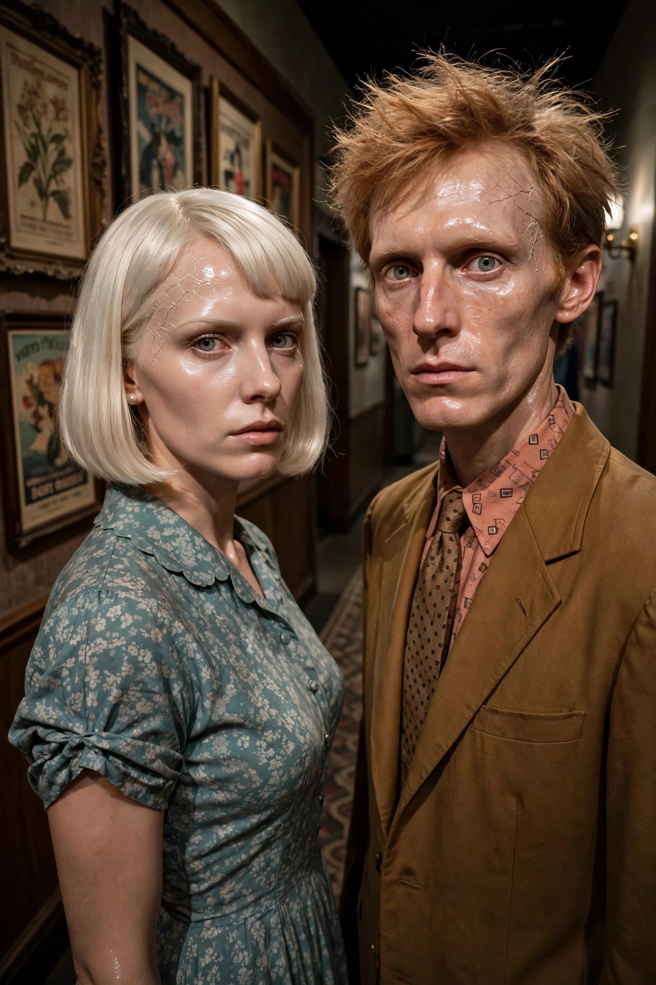 A couple wearing cracked porcelain doll makeup with pale skin and fine fracture lines across their faces, the woman in a teal floral dress with a blonde bob and the man in a brown blazer with reddish spiky hair.