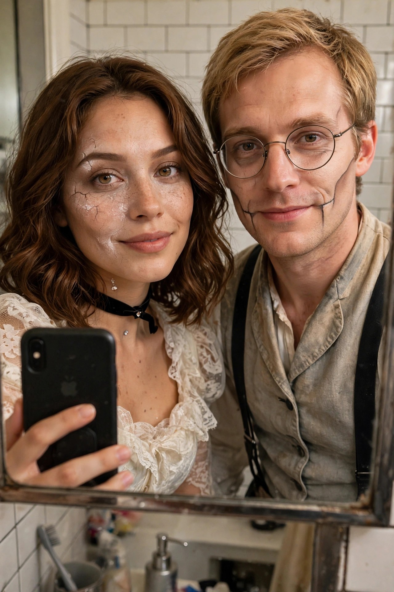 Couple wearing matching cracked porcelain doll face paint with vintage style clothing in a bathroom mirror selfie.