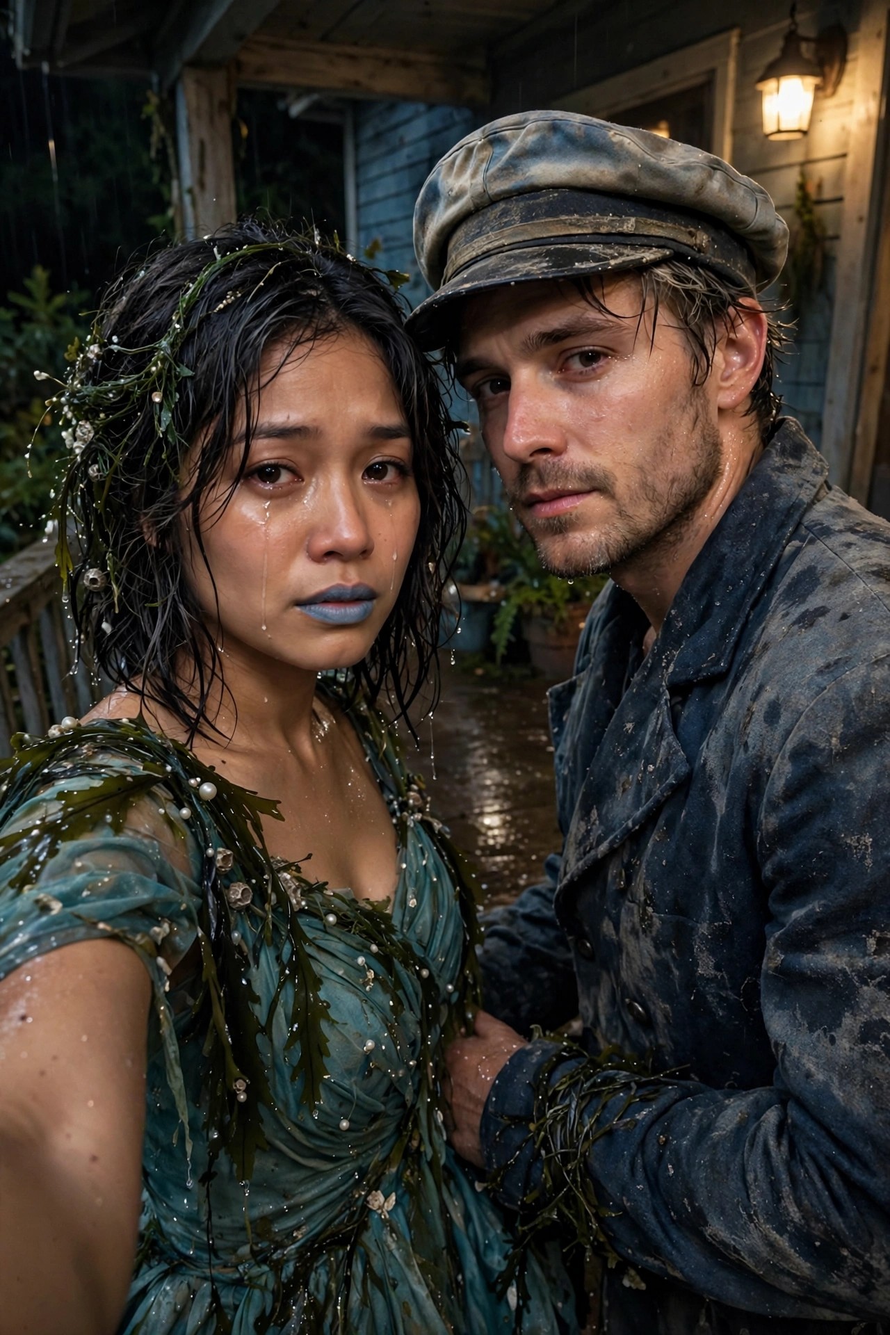 couple in matching drowned sailor and sea ghost costumes with wet seaweed details and blue lips on a rainy porch