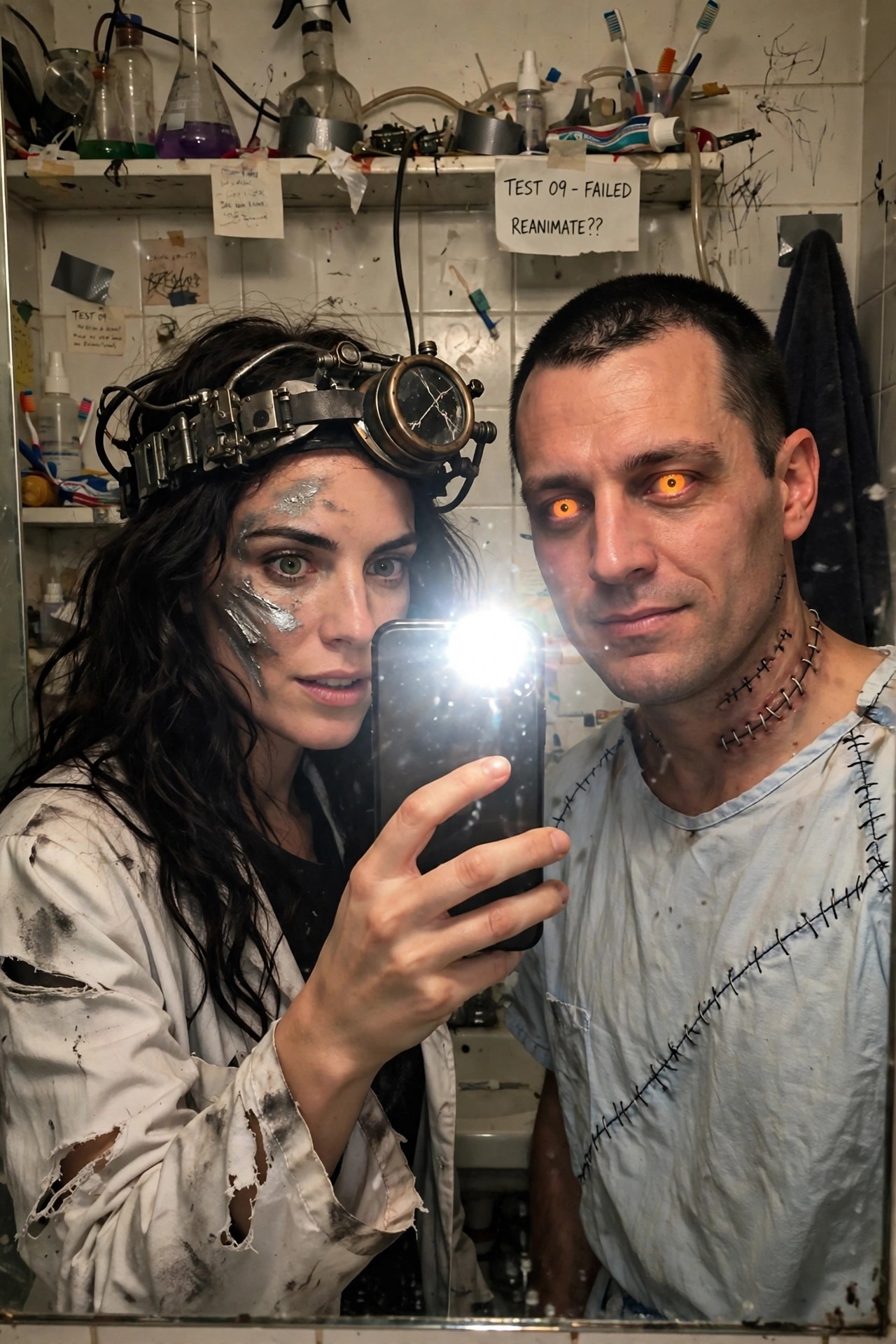 Couple wearing matching dirty white hospital gowns covered in black stitches with reanimation style makeup and props including glowing orange eyes and metal headgear.