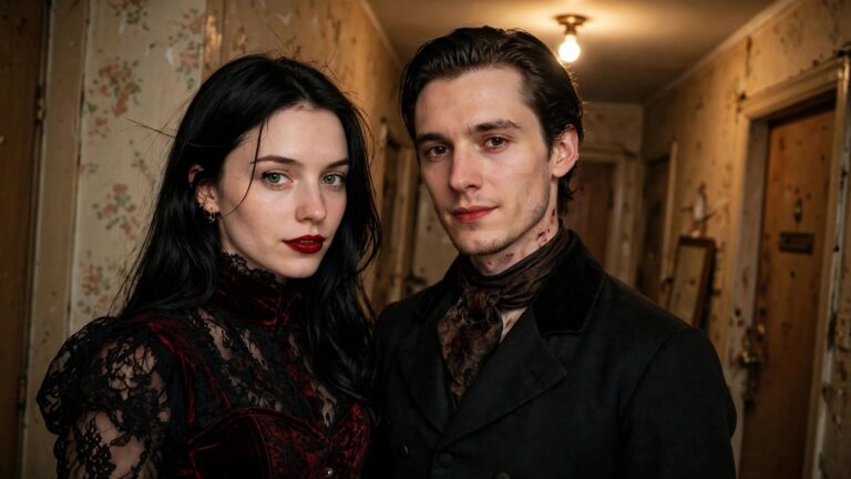 18 Creepy and Scary Halloween Costumes for Couples to Try Couple in Victorian style clothing, woman in black velvet corset and lace dress with red lipstick, man with bloodied neck wound and stained cravat.