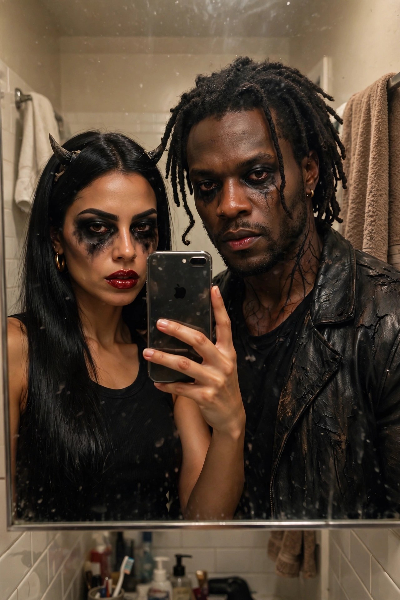 Couple in mirror selfie wearing matching demon costumes with horns cracked black face makeup and torn leather jacket.