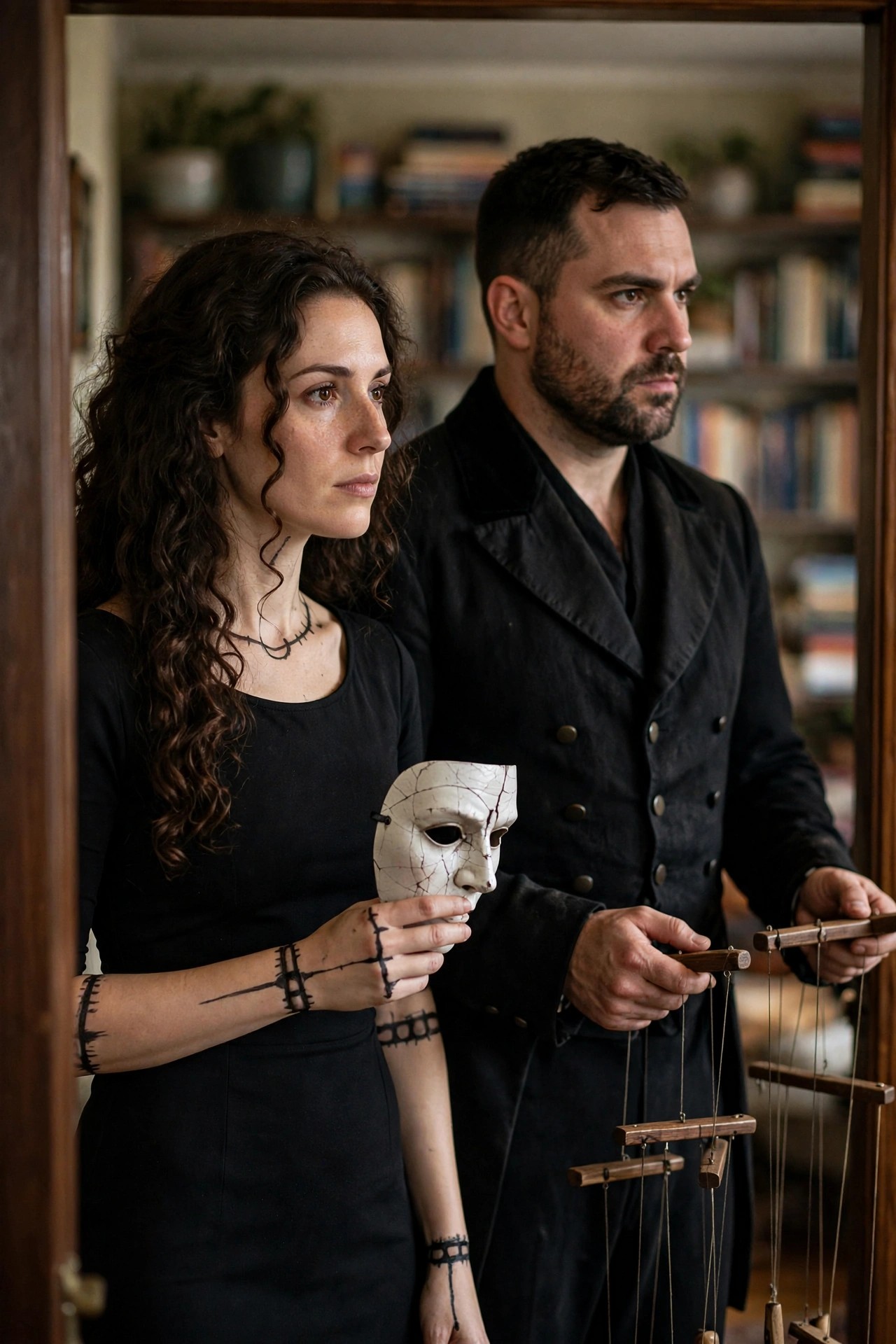 Woman with curly dark hair in black dress covered in black stitch lines holding a cracked white mask, standing beside man in black double breasted coat holding wooden puppet control bar with strings.