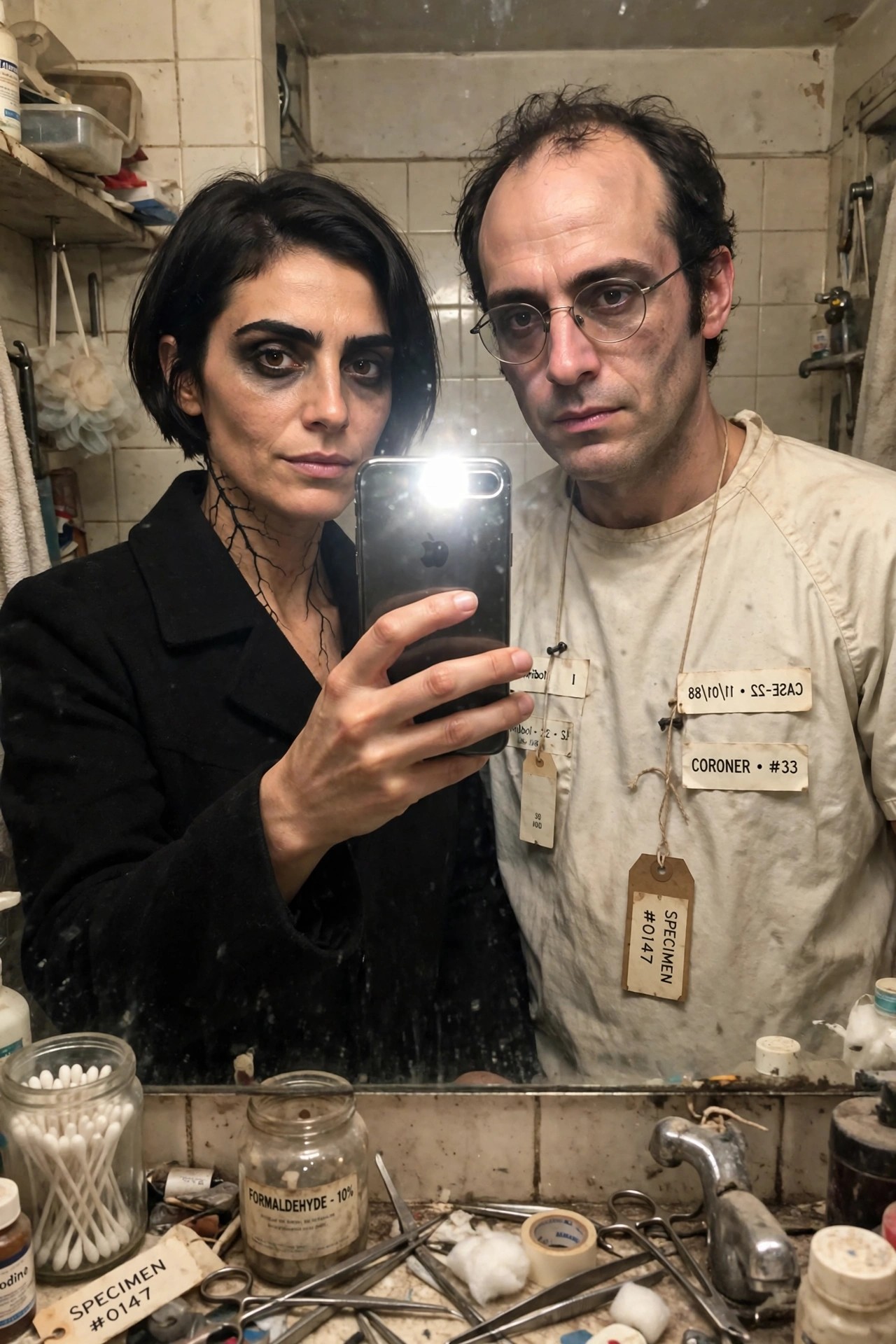 Woman in black coat with cracked neck lines and man in stained lab coat wearing coroner and specimen identification tags in a cluttered medical setting.