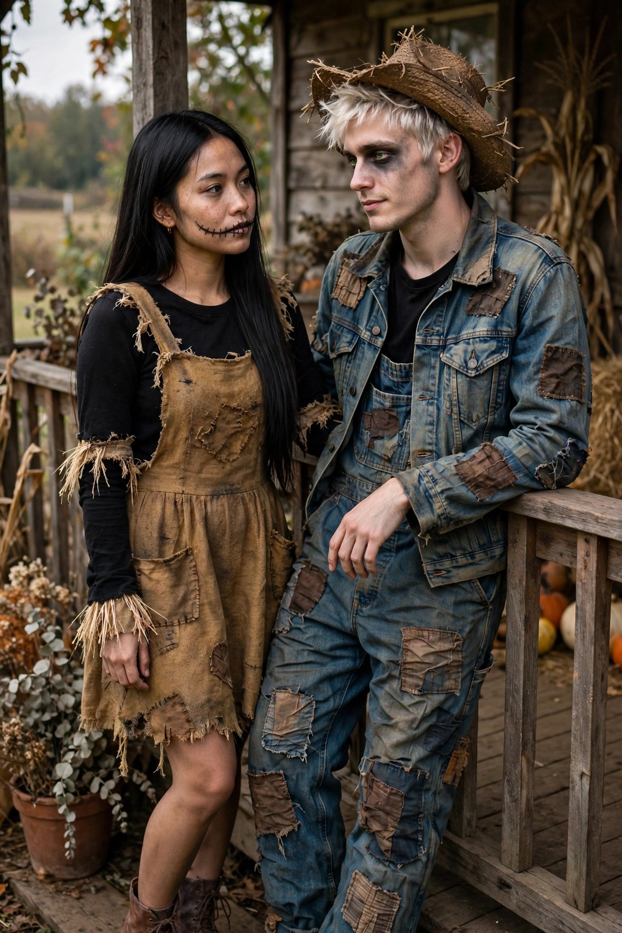 Couple wearing matching scarecrow costumes with patched overalls, frayed shirts, stitched mouth makeup, and a straw hat on the man.