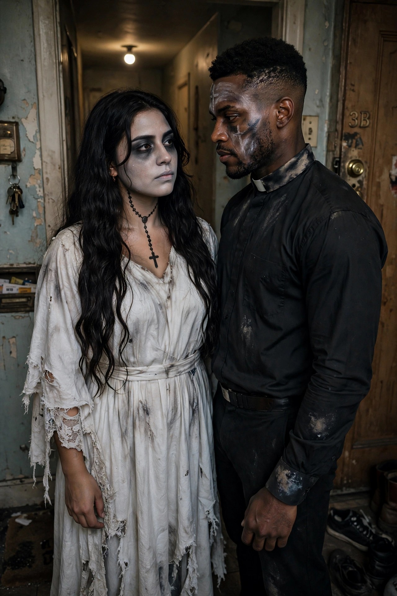 Couple wearing matching horror costumes with smeared gray face paint, a torn white dress with cross necklace on the woman, and a dirty black shirt with clerical collar on the man.