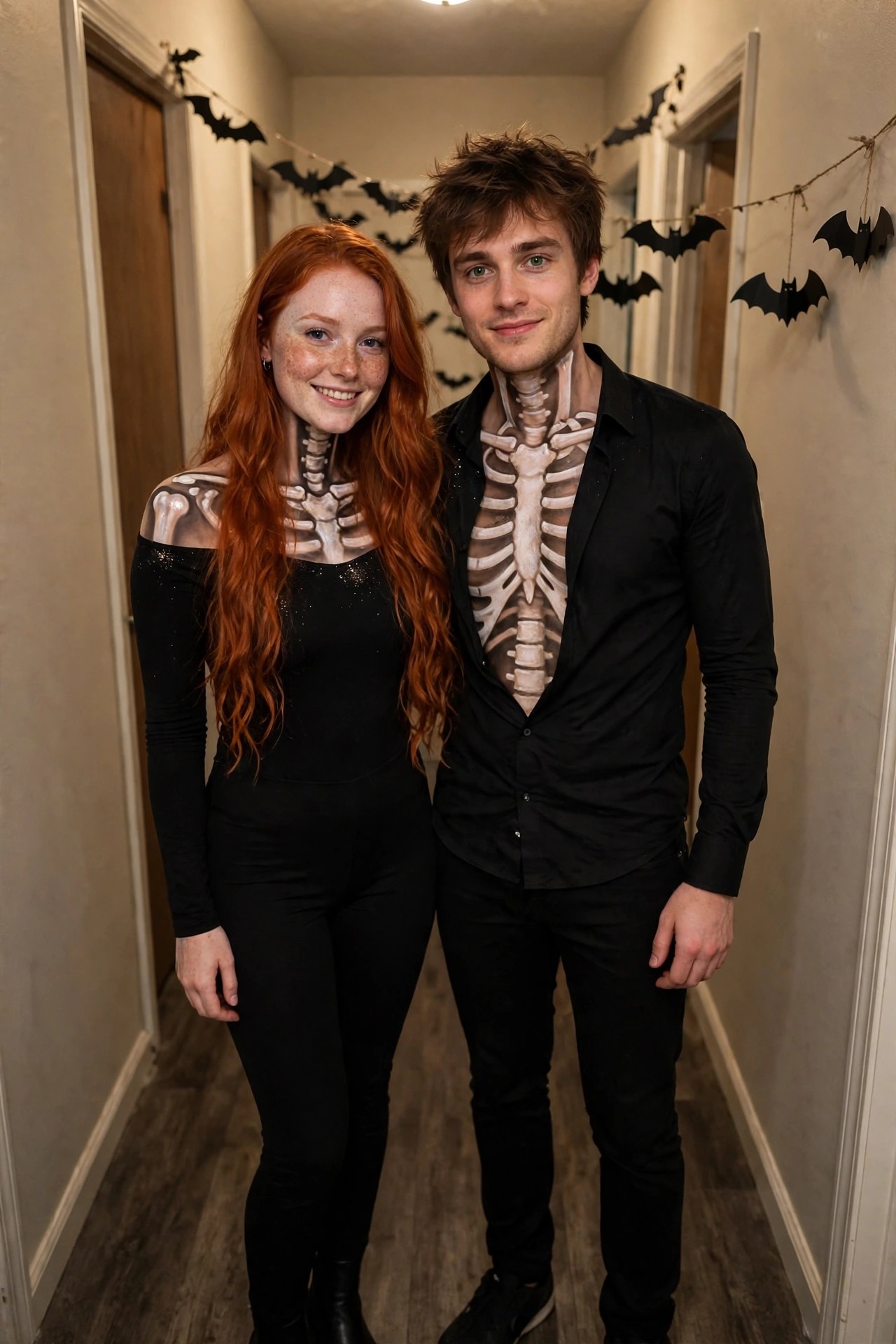 Couple wearing matching skeleton body paint costumes with white rib cage and spine details on black outfits.