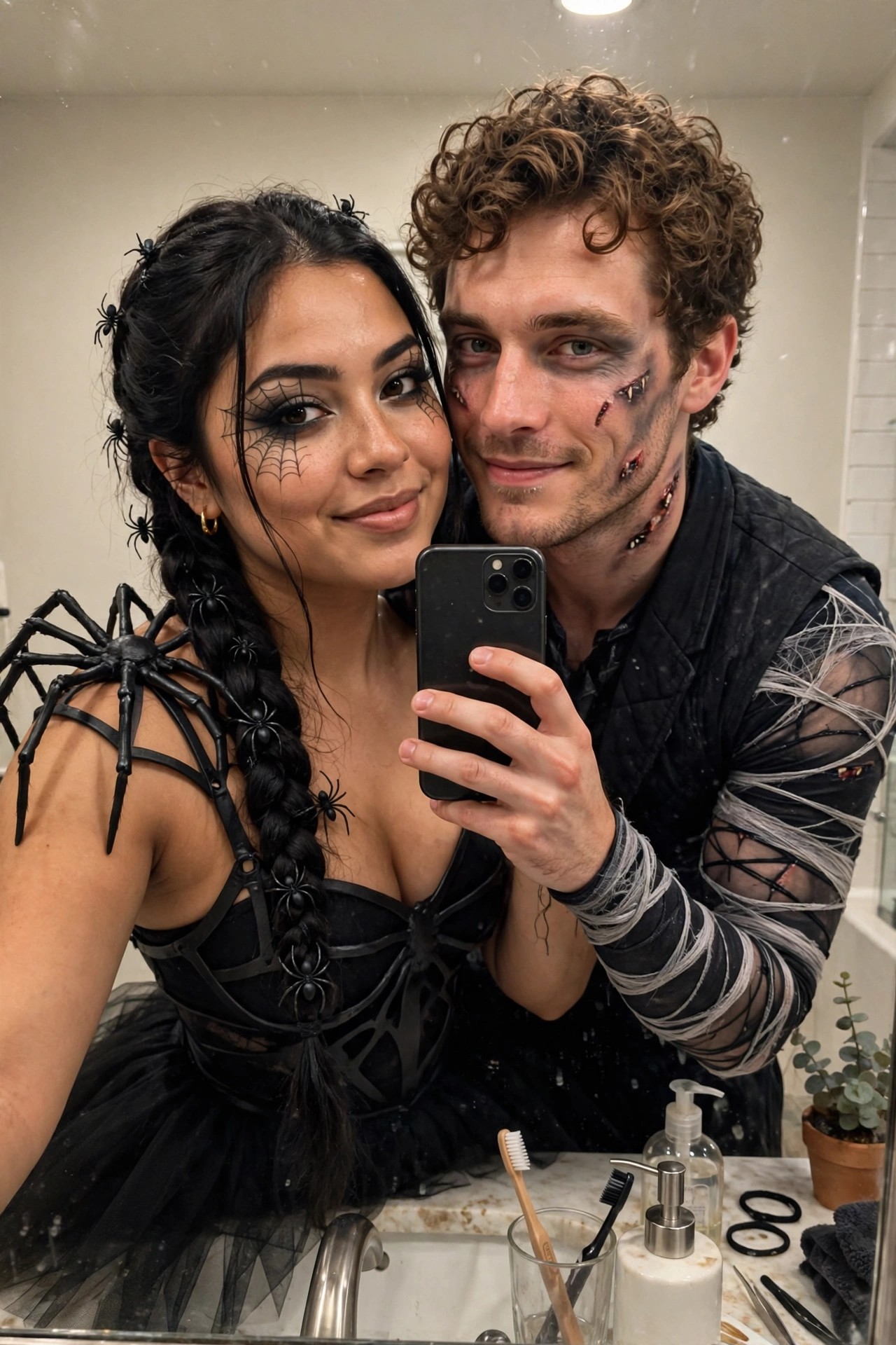 Woman in black spider corset costume with web eye makeup and spider accessories in her braid next to man with face wounds and gray wrappings on his arms wearing a black vest.