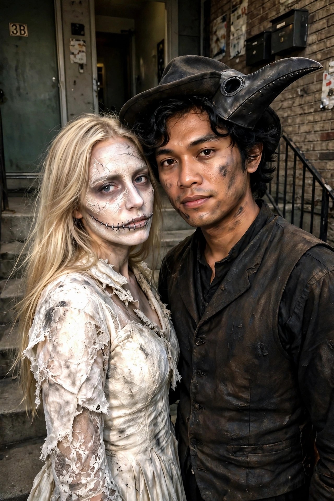 Woman with blonde hair in torn white dress and cracked stitched face paint stands beside man wearing plague doctor hat and ragged dark vest with dirty face.