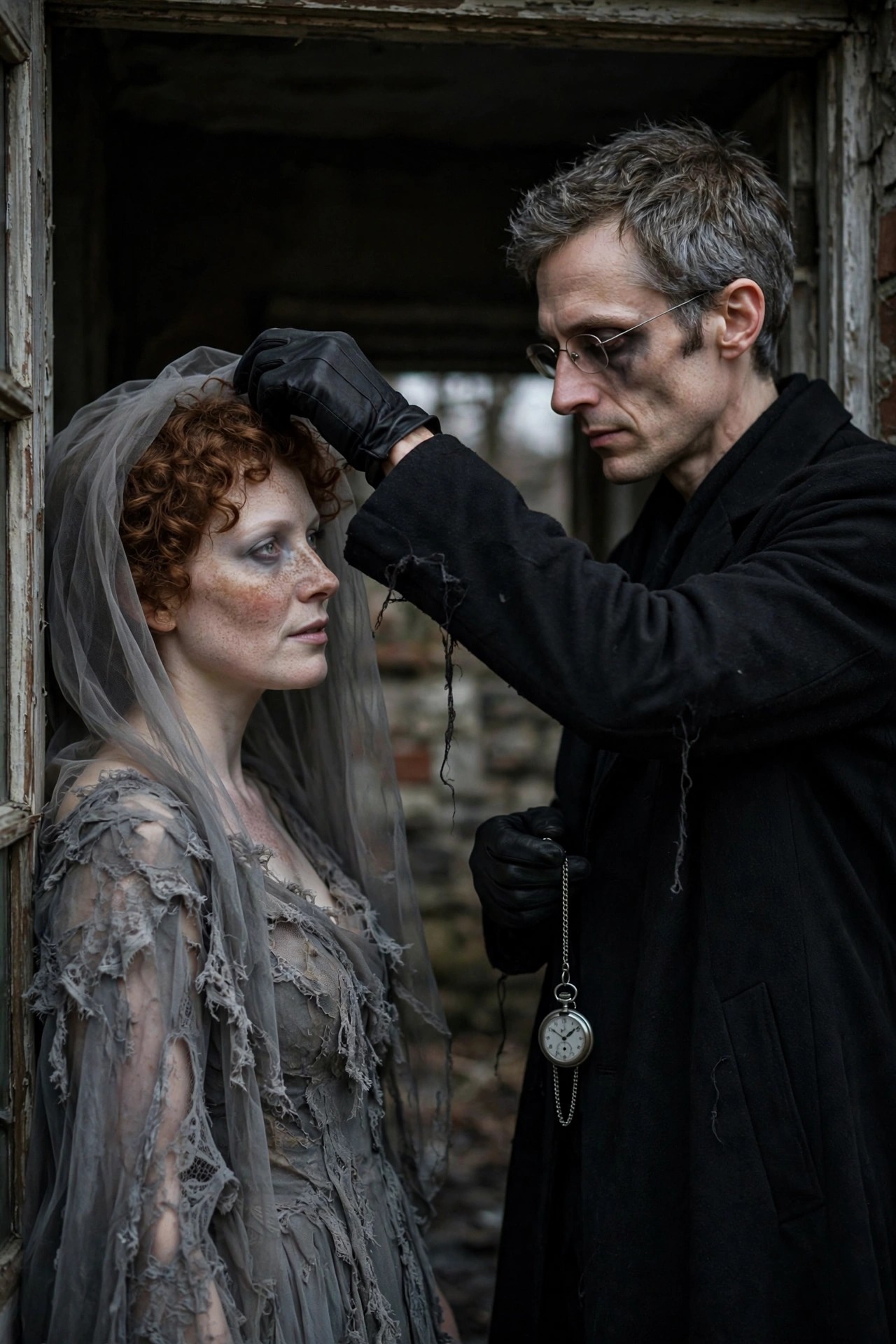 Woman in torn gray Victorian dress and veil with red curly hair stands beside man in long black coat holding a pocket watch, both with pale skin and dark eye makeup in a derelict building.