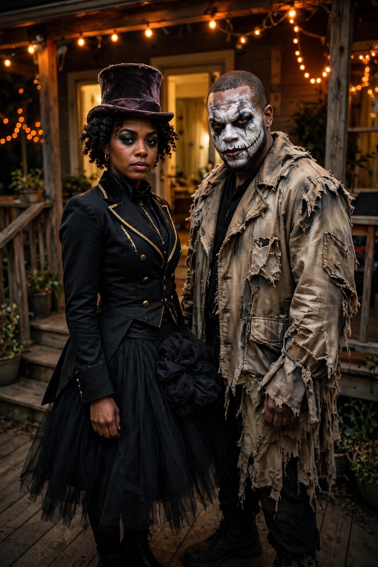 Couple wearing Victorian gothic black jacket with top hat and tulle skirt next to a man in a heavily torn coat with white stitched skull face paint.
