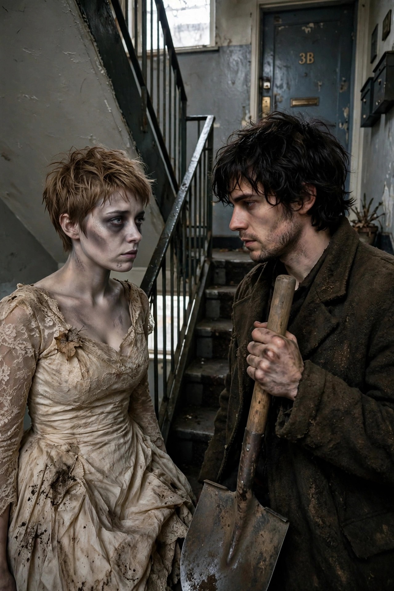 Woman in torn dirty lace wedding dress with short messy hair and pale makeup stands beside man in filthy brown coat holding a shovel, both with disheveled dark hair and grime for a zombie couple look.
