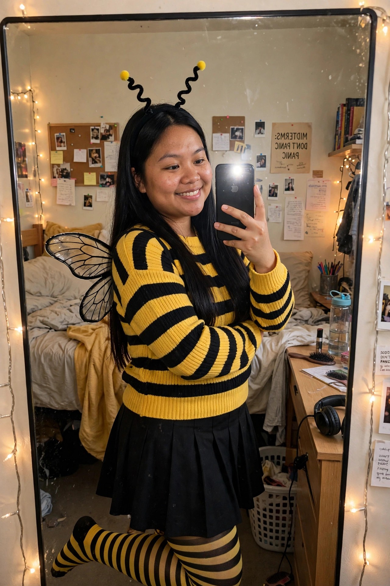 Woman in bumblebee costume with yellow and black striped sweater, black skirt, striped tights, clear wings, and antennae headband taking a mirror selfie.