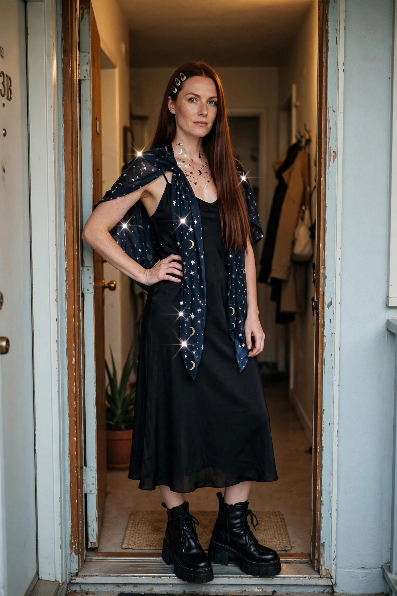 Woman wearing a black slip dress with a dark blue scarf printed with white stars and crescent moons, black combat boots, and small moon-shaped hair clips.
