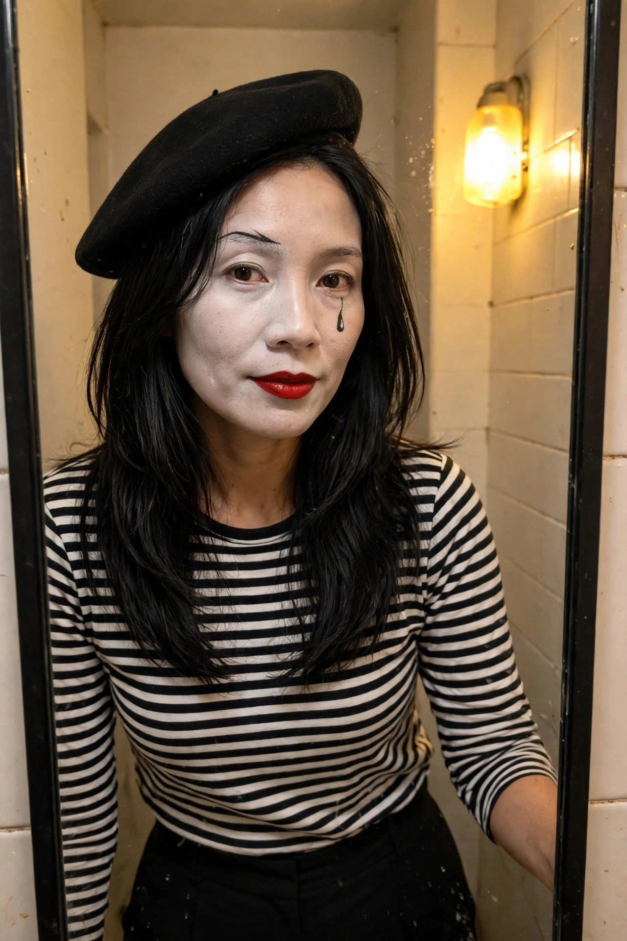 Woman wearing a classic mime costume with white face paint, black teardrop under one eye, red lips, black beret, and black and white striped shirt.
