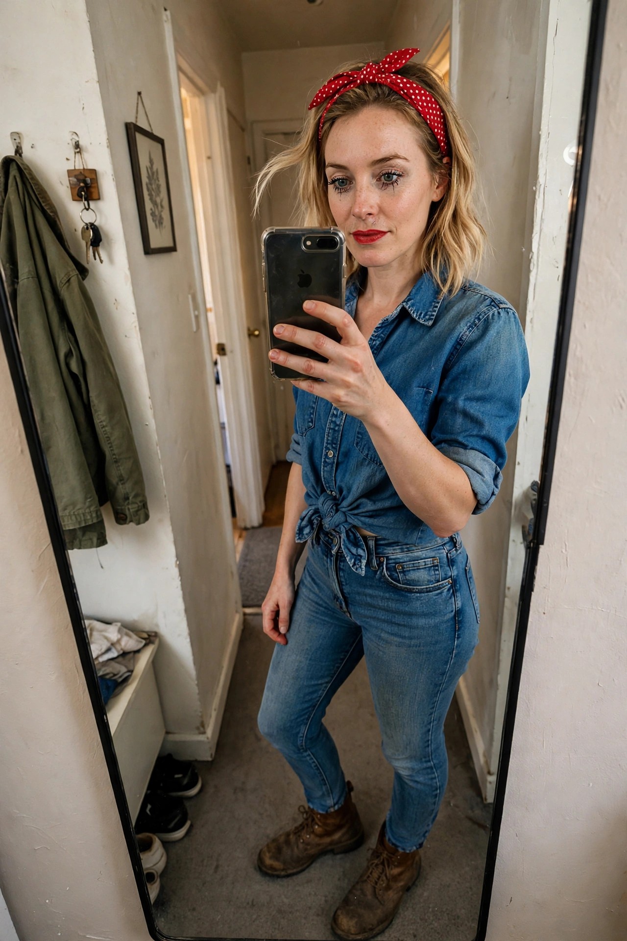Woman in mirror selfie wearing tied blue denim shirt, blue jeans, brown boots, and red polka dot headband with red lipstick.