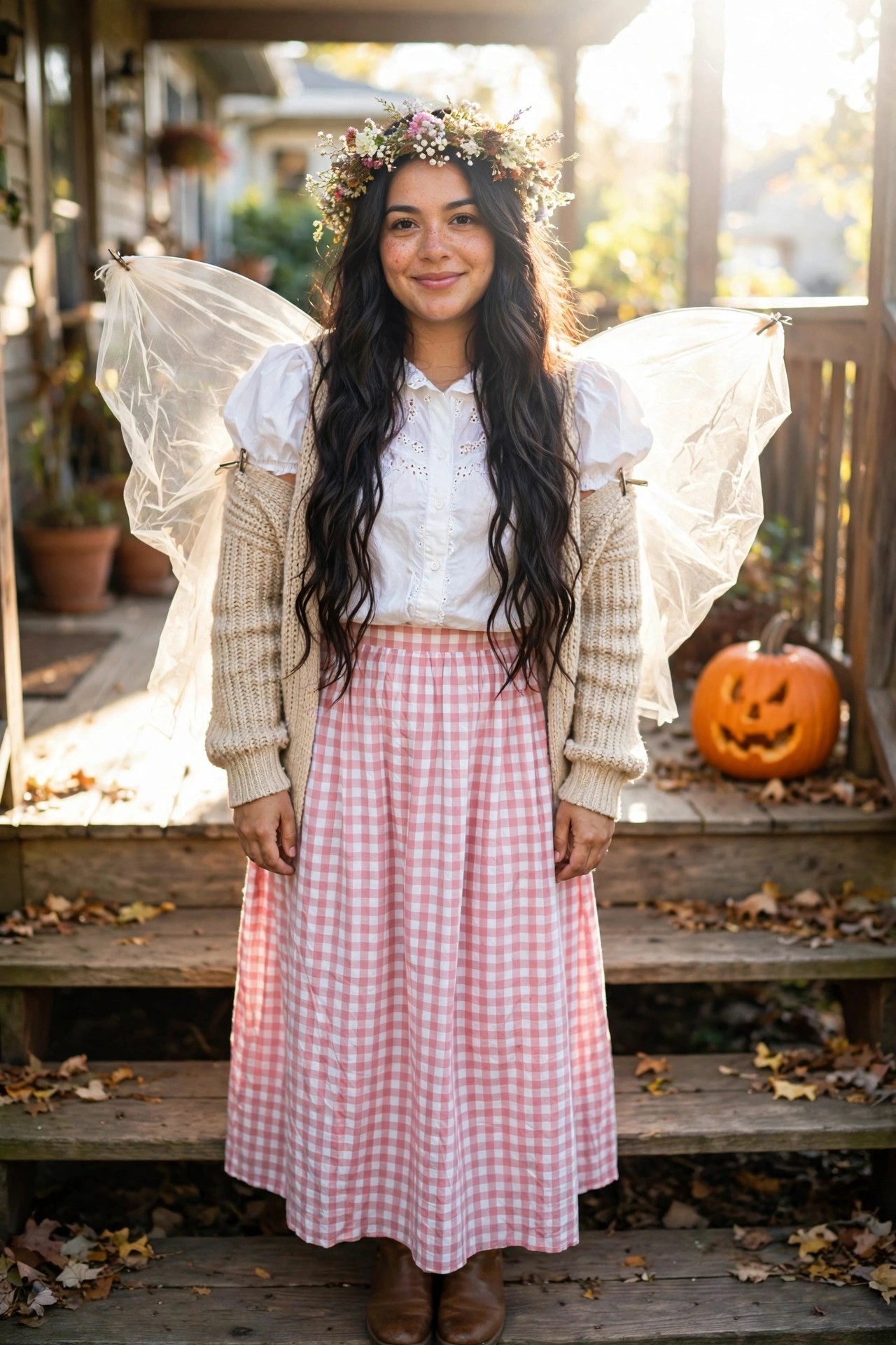 Woman wearing a fairy costume with sheer wings, a flower crown, white blouse, beige cardigan, pink gingham skirt, and brown boots.