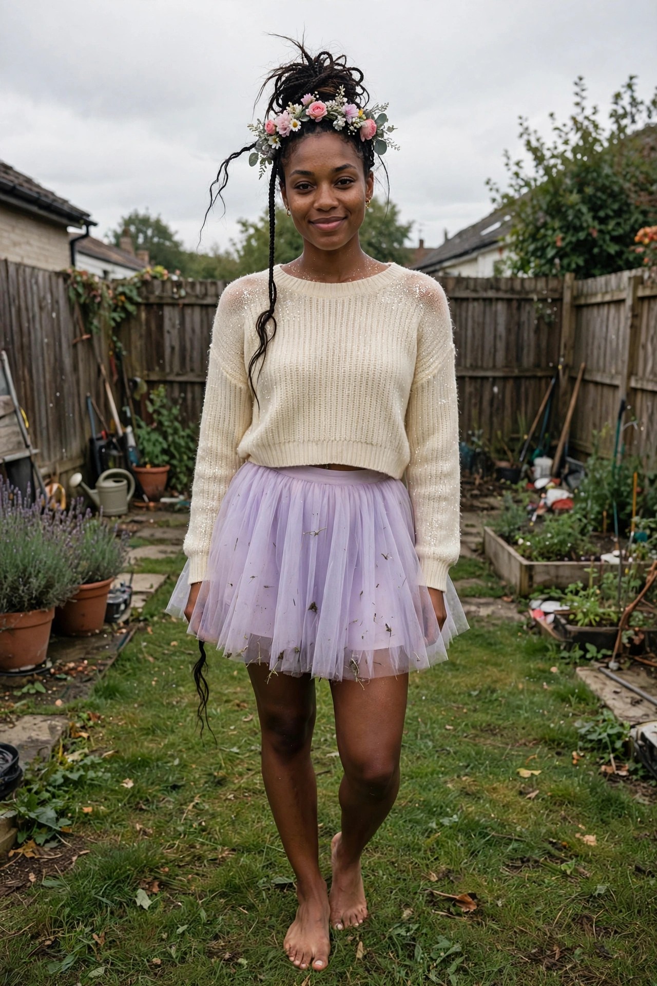 Woman wearing a cream sequined cropped sweater with a short lavender tulle skirt and a floral crown in her updo.