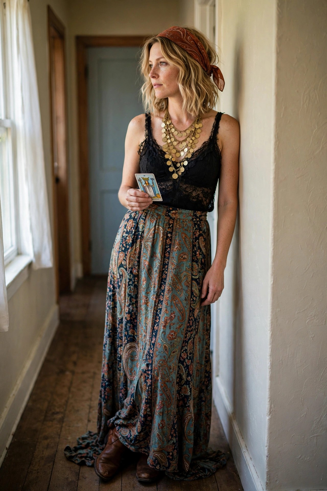 Woman wearing a rust bandana, layered gold coin necklaces, black lace top, and long paisley skirt while holding a tarot card.