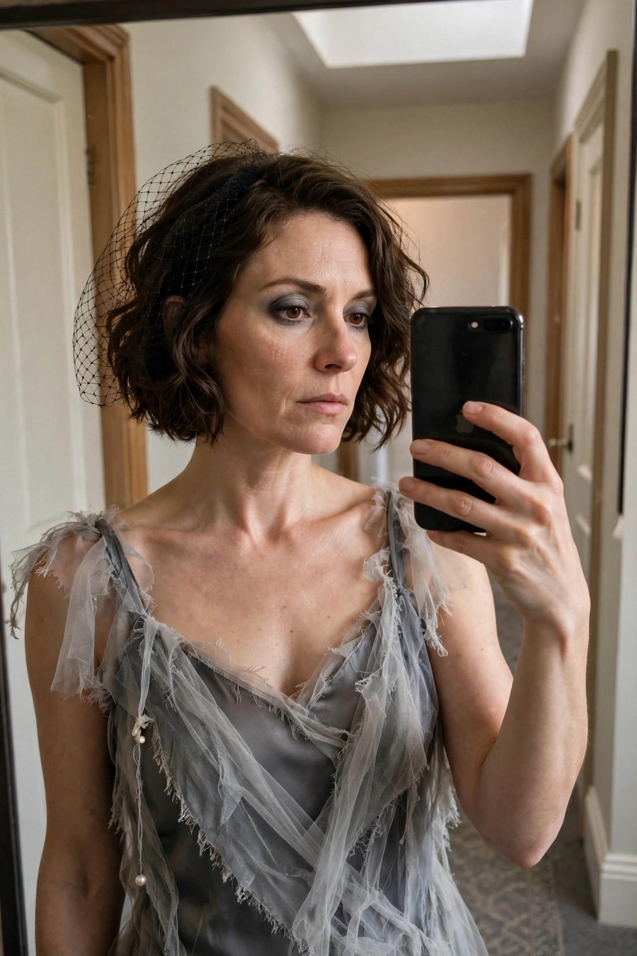 Woman wearing a tattered gray slip dress layered with torn tulle and a small black birdcage veil in her short brown hair, holding a phone for a mirror selfie.